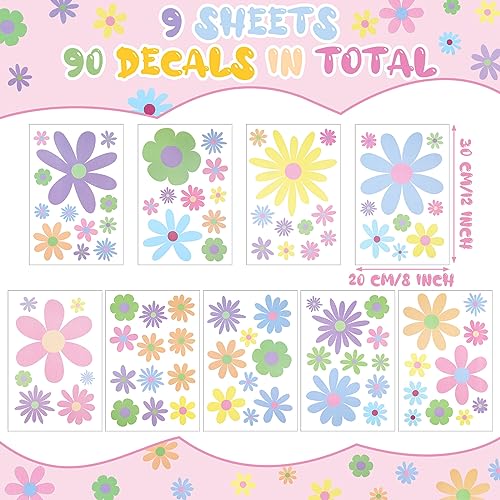 Kisston 90 Pcs Daisy Wall Decal Boho Decal Daisy Stickers Flower Wall Decals Removable Vinyl Decals Peel and Stick for Nursery Art Bedroom Home Decor(Pastel)