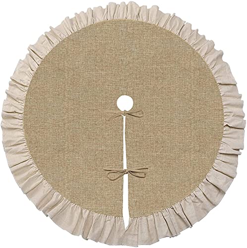 Spring Summer Burlap Tree Skirt with Ruffle Border, 48 inch Linen Rustic Farmhouse Tree Decorations Ornaments for All Season Thanksgiving Christmas Holiday Party Decor