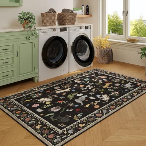 Rugcomf Area Rug 3x5 Washable Non Slip Floral Animal Cat, Black