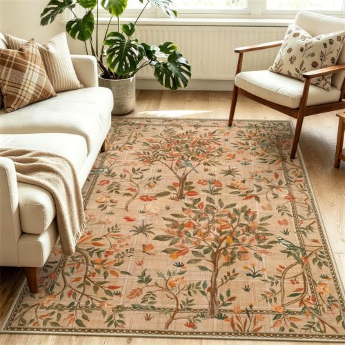 Machine Washable Area Rugs 5x7, Boho Floral Dining Room Rug Non Slip, Soft Low-Pile Flower Indoor Floor Throw Carpet for Living Room Home Office Playroom Foyer, Brown