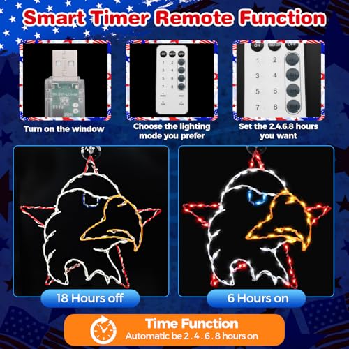 13.7" 4th of July Window Silhouette Light, 4th of July Eagle Decorations with 60 LED Red White Blue Lights, USB Powered with Remote & Timer, Independence Day Decoration for Indoor & Outdoor