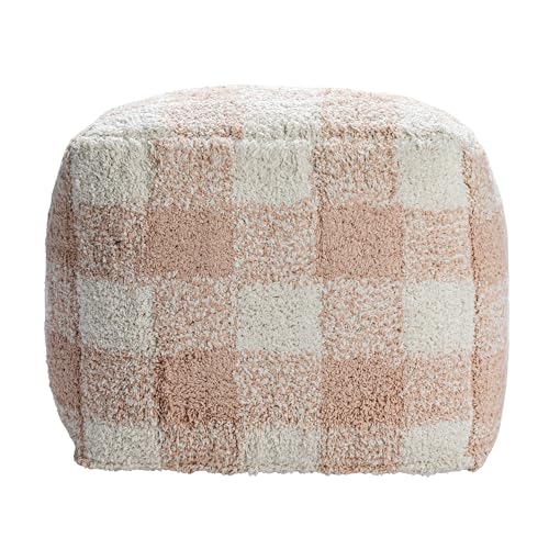 Creative Co-Op Cotton Tufted Pouf with Plaid Pattern, Blush and Cream