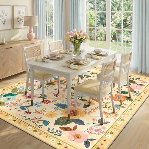RELEANY Floral Washable 8x10 Area Rugs Yellow/Orange