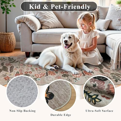 5x7 Area Rugs for Living Room: Floral Scalloped Washable Bedroom Rug Brown