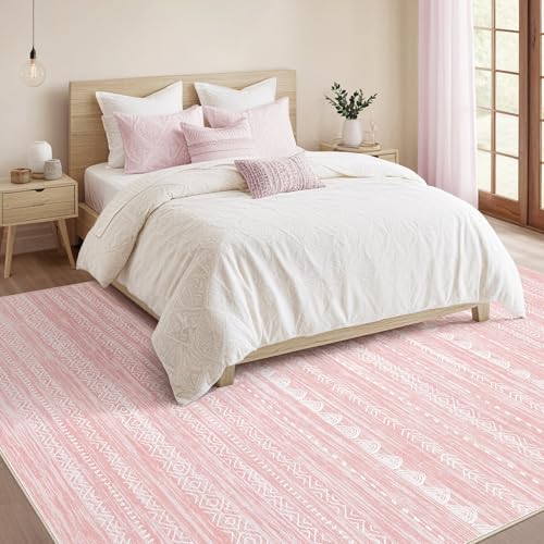 Nakagishi Pink Rugs for Bedroom Girls: 5x7 Washable Boho Large Neutral Area Rug Cute Soft Modern Indoor Floor Non Slip Accent Carpet for Living Room Nursery Kids Playroom Dorm Preppy Baby Room Decor