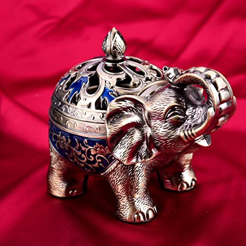K COOL Metal Backflow Incense Holder Elephant Cone Incense Burner Candle Holder with Lid, Aromatherapy Ornament Home Office Decoration for Indoor Outdoor (Navy Blue)