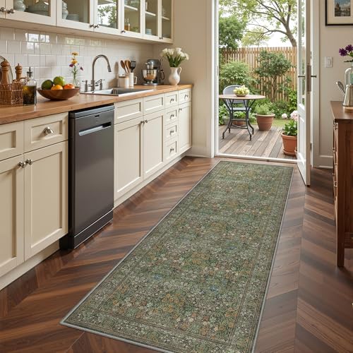 2x6 Runner Rug, Green Floral Rug for Entryway, Moynesa Washable Kitchen Rugs with Rubber Backing, Thin Soft Botanical Runners for Hallways, Bedroom, Laundry, Bathroom(2'x6', Dark Green)