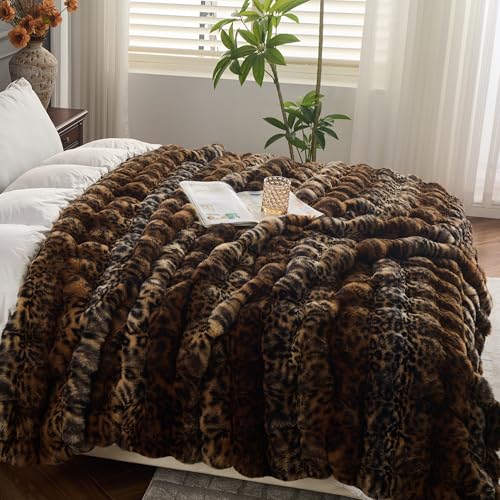 RYNGHIPY Faux Fur Blankets for Couch Bed Fluffy Warm Thick Throw Blanket for Bedroom Living Room Soft Cozy Plush Decorative Bubble Furry Blanket Cheetah Print Blanket (Leopard-Coffee, 51''x63'')