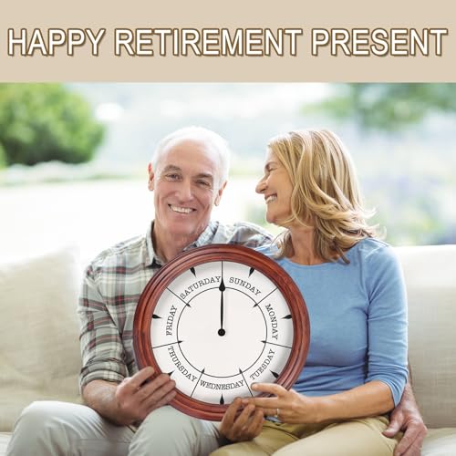 Day of The Week Clock 14Inch Retirement Wall Clock with Wood Frame Day Wall Clock for Men Women (Dark Reddish Brown)