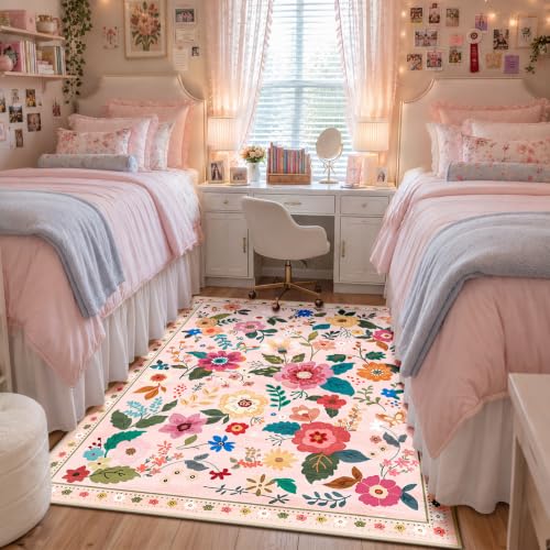 RELEANY Floral Washable 3x5 Area Rugs Pink