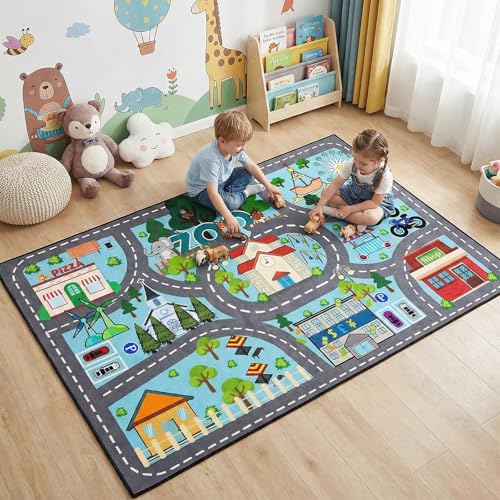 Car Rug Play Mat - Road Rug for Kids Boys Room, Fun Race Track Traffic Road Carpet for Boys Playmat Educational Learn, Car Carpet for Kids Room Decor Playmat Bedroom Playroom, 2.5x4 Feet