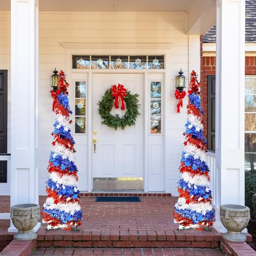 5Ft Pop up Christmas Tree 4th of July Patriotic Decorations Tree, Artificial Collapsible Star Sequins Christmas Tree for Indoor Outdoor Independence Day Red White and Blue Decorations
