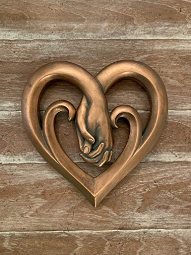 Top Brass Heart Holding Hands Wall Decor Decorative Art Sculpture - Copper Bronze Verdigris Finish - Forever Love