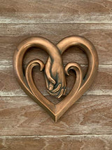Top Brass Heart Holding Hands Wall Decor Decorative Art Sculpture - Copper Bronze Verdigris Finish - Forever Love