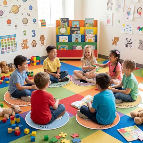WILLBOND 12 Pcs Kids Carpet Circle Seats for Class, 16 Inch Circle Time Classroom Rug Feelings Chart Emotion Floor Cushions Back to School Educational Mat for First Day of School Seating Learning