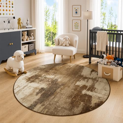4ft Round Brown Area Rug Washable Non-Slip Circle Carpet