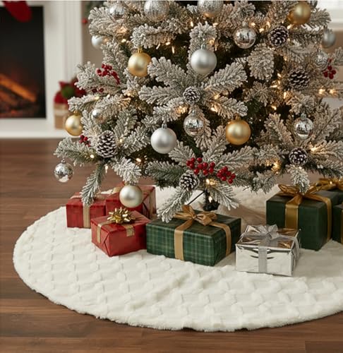 48 Inch Christmas Tree Skirt Faux Fur with Cable Knit Knitted Thick Decoration for Merry Christmas Decorations