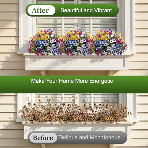Artificial Fake Flowers for Outdoor UV Resistant,16 Bundles Silk Outside Plants Decoration for Hanging Planters, Daisy Eucalyptus Faux Flower Spring Summer Garden Yard Patio Balcony Home