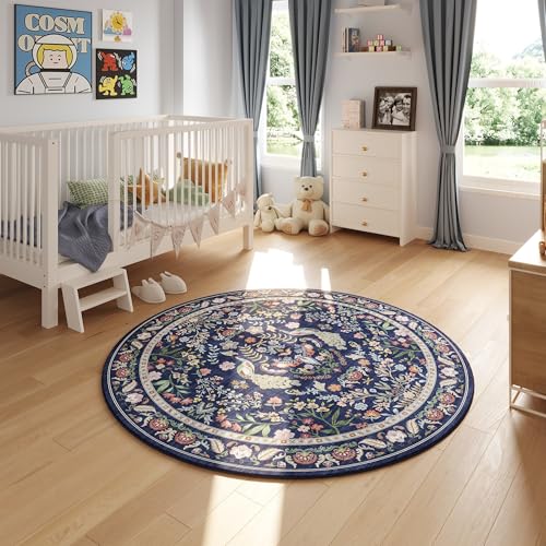 Rugcomf Round Area Rug 4ft Floral Washable Non Slip, Blue