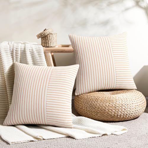 YCOLL Fall Euro Sham Pillow Covers 24x24, Modern Accent Throw Pillow Covers Set of 2, Burnt Orange Striped Patchwork Linen Decorative Pillows Cushion Covers for Bed Sofa Couch Living Room Home Decor
