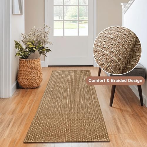 Tan Brown Boho Faux Jute Braided Entryway Rug 2x4 ft,Solid Rubber Back Rug