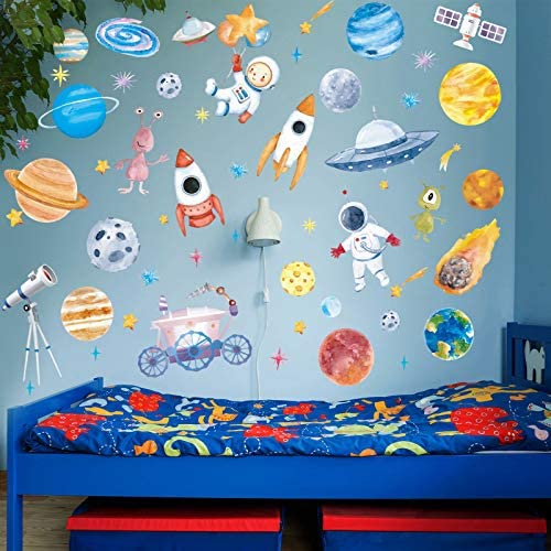 Zonon 6 Sheets Outer Space Astronaut Wall Stickers Space Planets Decal Solar System Decals Galaxy Astronaut Rocket Alien Wall Mural for Boys Kids Classroom Nursery Bedroom Home Decoration