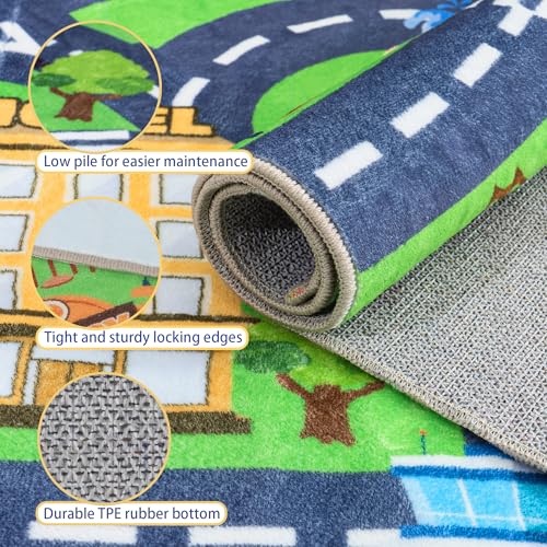 Kids Room Rug - Soft & Non-Slip 4x5 Ft Town Car Rugs City Map Play Mat, Childrens Road Carpet Washable Playmat for Classroom Nursery Bedroom Boys