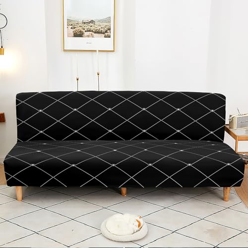 Hixingo Stretch Armless Futon Cover, Futon Mattress Cover Soft Futon Covers with Elastic Bottom, Lattice Print Futon Slipcovers Washable Futon Couch Cover (Black Plaid,Medium (63-75"))
