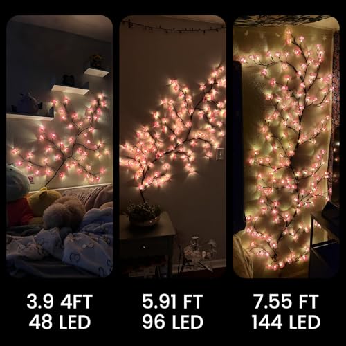 LED Tree Branch Lights for Wall 7.55 FT 144LEDs Cherry Blossom Lights Vine Light with Remote and 8 Lighting Modes Cherry Blossom Garland Willow Vine for Bedroom Indoor Wall Wedding Christmas Decor