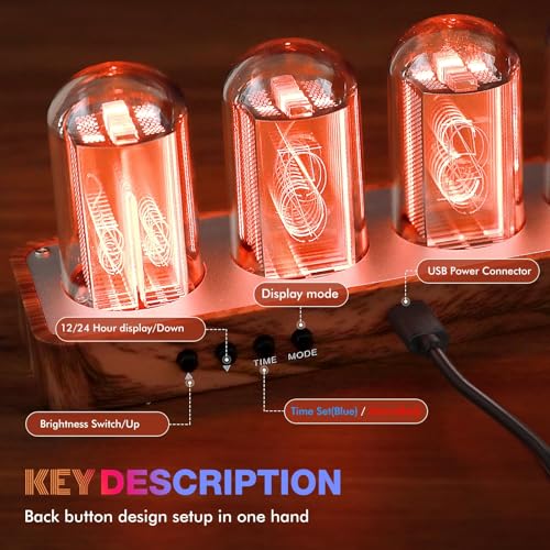 ClocTeck Nixie Tube Clock with Wi-Fi SYNC, Alarm & Timer, 12/24H Display, No Assembly Required - A Retro Gift for Friends (Wood Grain)