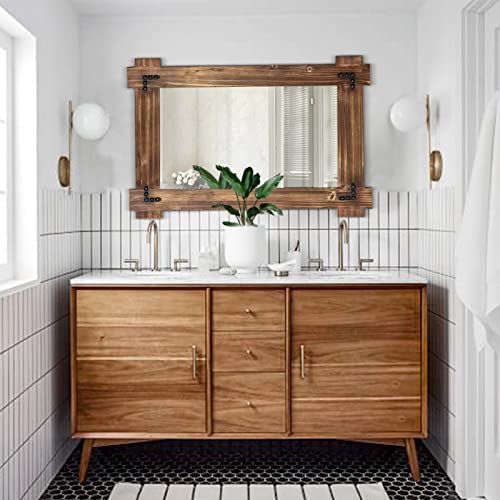 MeMoreCool Rustic Wood Mirror for Bathroom, Farmhouse Wall Mounted Vanity Mirror, Rectangular Wooden Framed Mirror for Bedroom Living Room Entryway, 30 x 20 Inch