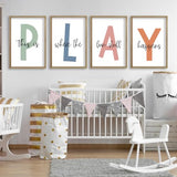 This Is Where The Fun Stuff Happens Kids Playroom Wall Art 11x16 Inch Set Of 4 Rustic Kids Wood Framed Boy Sign Toddler Modren Nursery Interesting Let's Play Prints Wall Hang Decor (Wood)