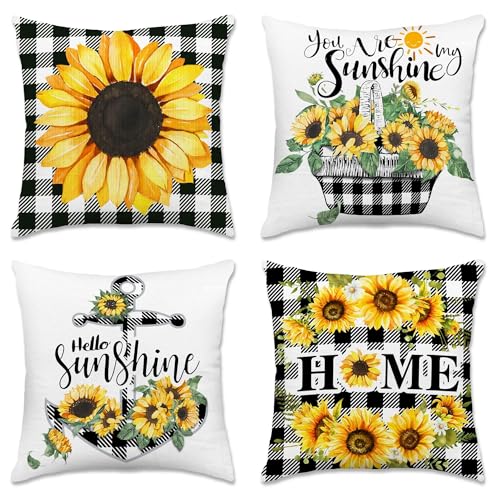 pinata Summer Spring Pillow Covers 18x18 Set of 4, Sunflower Decor Outdoor Pillows Cover, Sunshine Black Plaid for Farmhouse Sofa Couch Indoor Home Throw Case(No Insert)