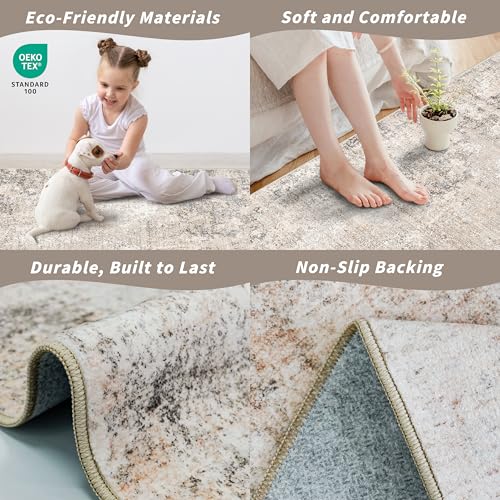 3x12 ft Washable Hallway Runner Rug - Long Non Slip Low Pile Thin Carpet Runners, Modern Abstract Neutral, Stain Resistant for Kitchen, Entryway, Bathroom（Beige Grey,3x12）