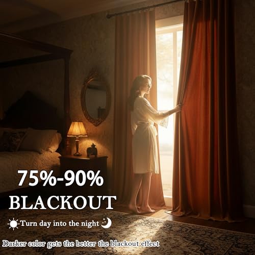 Timeper Burnt Orange Pleat Back Tab Velvet Curtains W52 x L84 inches 2 Panels, Room Darkening Solid Home Decor Curtains for Bedroom Living Dining Room Thermal Insulated Luxury Super Soft Window Drapes