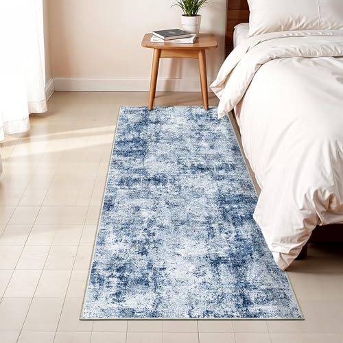 2x5 Washable Runner Rug for Hallway: Non Slip Entryway Runners Rugs Easy-to-Clean - Soft Living Room Bedroom Carpet - Thin Low Pile Floor Mat for Dining Room Blue