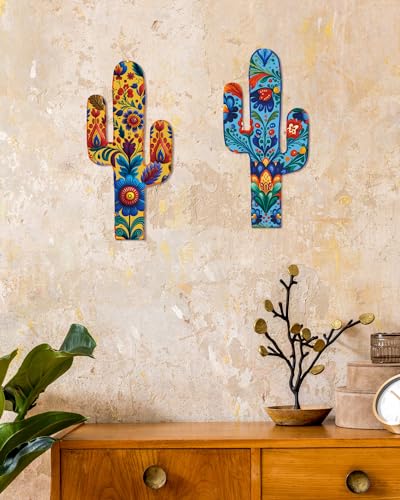 Putuo Decor Aztec Cactus Wall Decor Set of 2, Western Wooden Home Decor, Farmhouse Rome Decor Mexican Wall Art for Living Room, Bedroom, Kitchen, Office