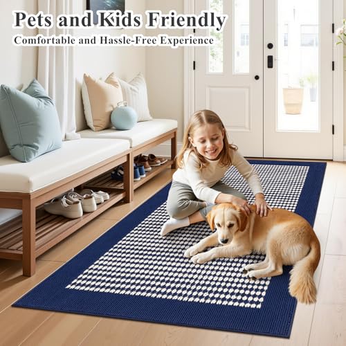 Indoor Door Mat 3x5ft, Absorbent Muddy Mats for Dogs, Low-Profile Entrance Large Welcome Mat with Non-Slip Rubber Backing, Washable Runner Carpet for Hallway,Entryway,Kitchen(Navy)