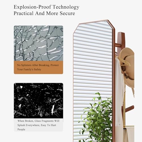 Floor-Standing Solid Wood Rotating Coat Rack，Full Length Mirror with Coat Rack 2 in 1 Floor Mirror and Coat Rack Solid Wood Frame Large Dressing Mirror for Living Room Bedroom Free Standing