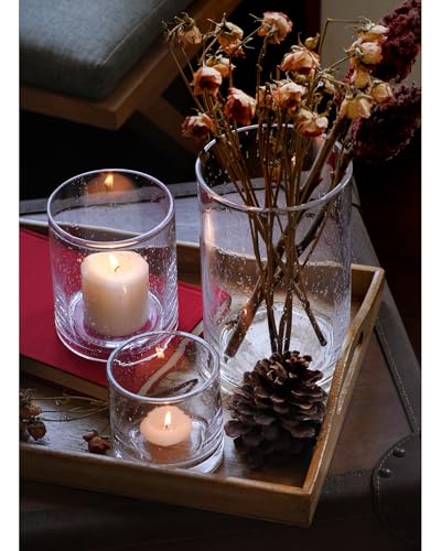 Glass Candle Holders Set, 3 Sizes 8" 5" 3.5" Height | Hurricane Vase Centerpieces, Clear Seeded Bubbles Cylinder, For Pillar Votive Flower, Mother's Day Birthday Gift
