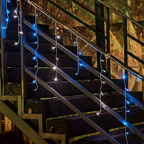 300L LED Icicle Lights, Blue+White Window Curtain Lights,8 Modes with 30V Plug in for Wedding, Party, Bedroom, Home, Garden, Outdoor, Indoor Wall,Christmas Decorations,Connectable(Blue+White)