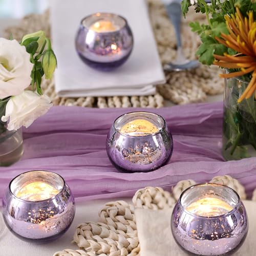 Round Purple Votive Candle Holder Set of 12, Mercury Glass Votives