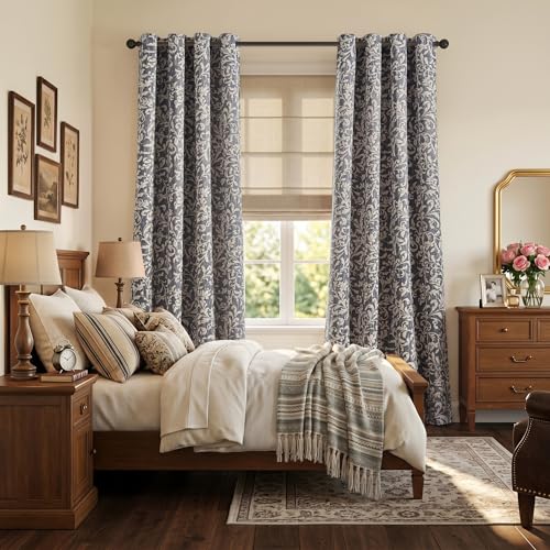 jinchan Vintage Curtains 84 Inch Long Cream Scroll Floral Blue Curtians for Living Room Bedroom Room Darkenign Drapes Thermal Insulated Classic Traditional Privacy Grommet Top 2 Panels