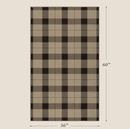 Washable Plaid Indoor Outdoor Rug 3x5 for Front Porch, Entryway, Patio, No Shed Easy Jute Non Slip TPR Backing Area Rug for Large Kitchen, Farmhouse Black & Tan Checkered Seagrass Aesthetic