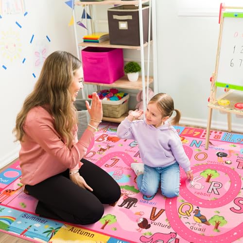 Terrug Kids Rug for Playroom, Educational Classroom Rug for Kids Room, Washable Nursery Rugs Non Slip Playroom Rugs Play Mat for Learning ABC Carpet, Numbers, Animal, Colors, Season, 4X6 Feet, Pink