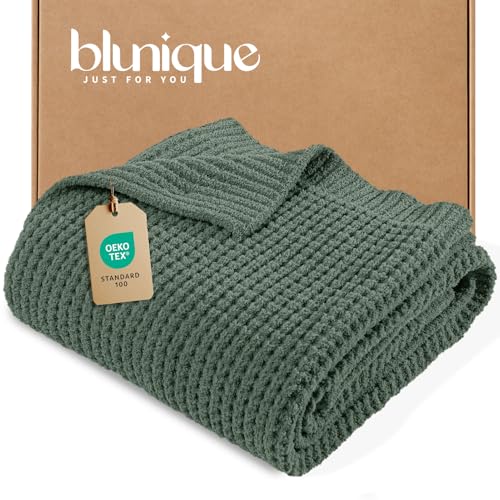 Waffle Knit Throw Blanket, Luxury Cozy Chunky Knit Throw Blanket for Couch, 50 x 60 Inch Thick Ultra-Soft Feather Yarn Knitted Blanket for Sofa, Bed, Home Decor - Sage