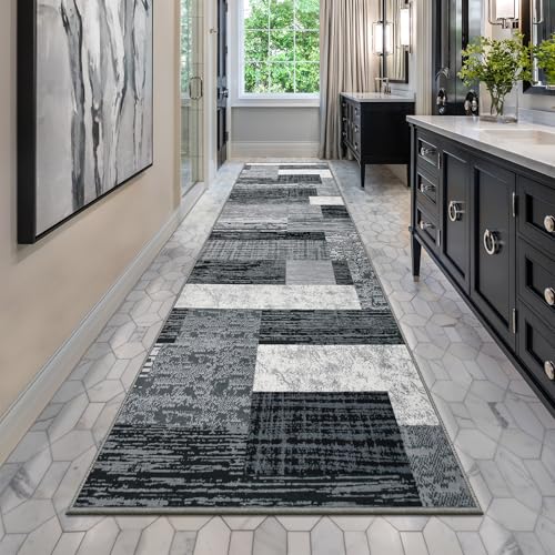 Indoor Washable Runner Rug with Rubber Backing, Modern Geometric Patchwork