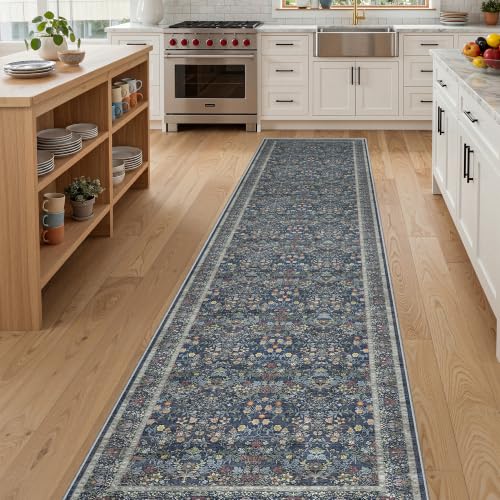 2x8 Runner Rug, Navy Blue Rug Floral Rugs for Entryway, Navy