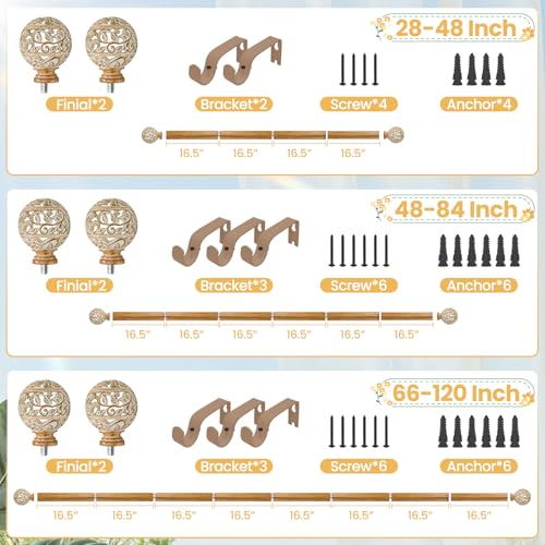 Boho Wood Curtain Rods For Windows 48 to 84 Inches, 1 Inch Heavy-Duty Adjustable Decorative Curtain Rods With Branches Leaves Hollow Finials for Bedrooms and Living Rooms In Farmhouses.
