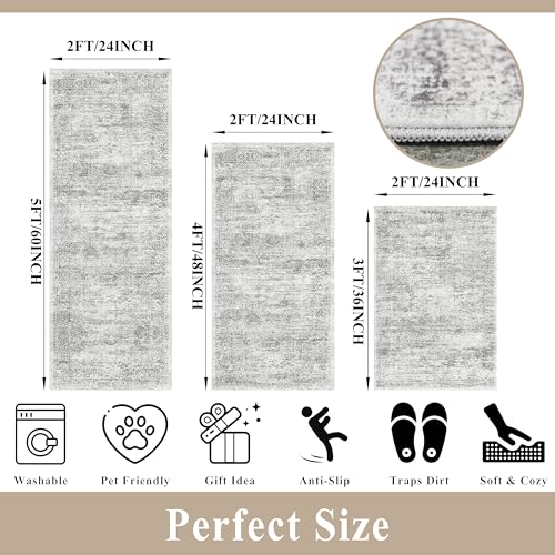 Washable Non-Slip 3 Piece Kitchen Rugs Set – Modern Boho Low-Pile Area Rugs and Runner for Entryway Bathroom Hallway – Decorative Small Indoor Rugs (Grey Ivory, 2x3+2x4+2x5)